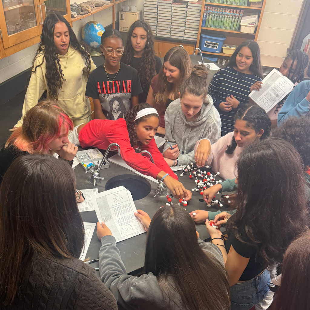 A classroom with students around a table. One student in red uses a sink to count molecules diagram.