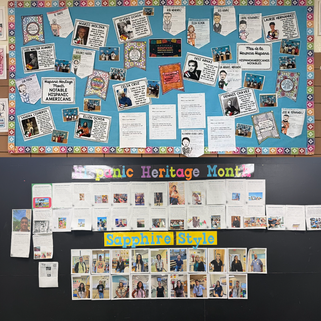 Bulletin board with "Hispanic Heritage Month" and "Sapphire Style" headings. Displays include photos, text, and colorful borders.