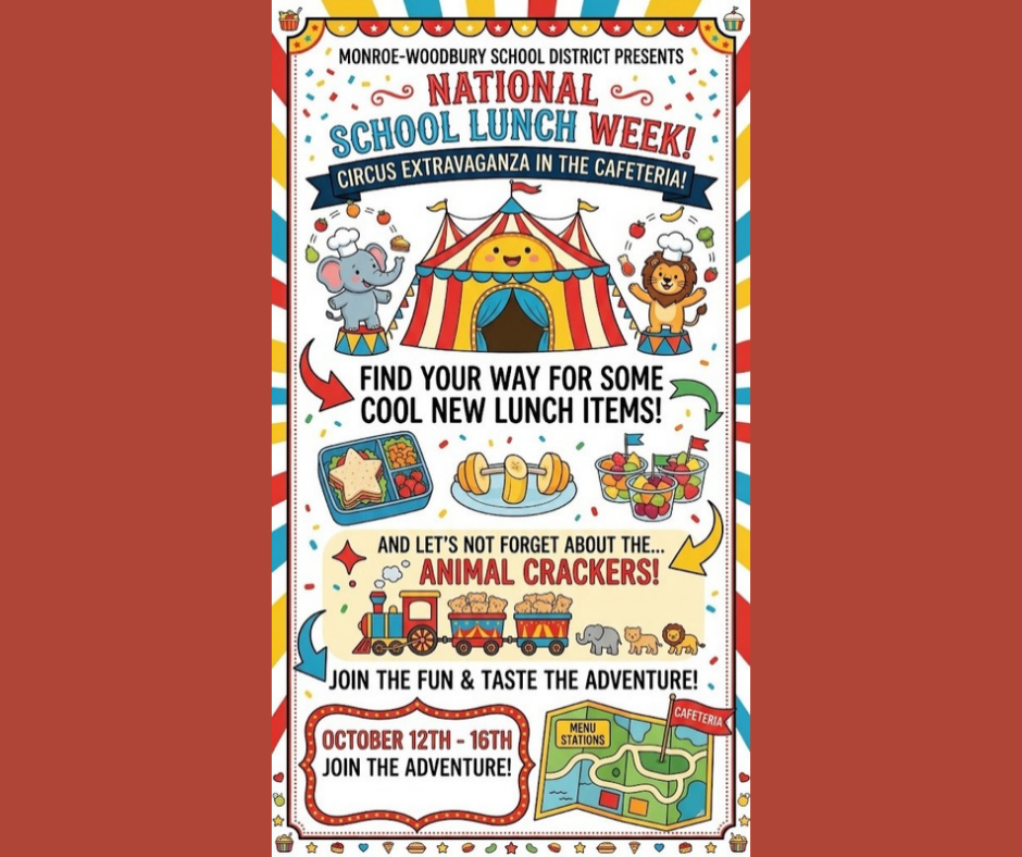 A poster features circus elements with an elephant, lion, and tent. It promotes a school lunch week from October 12th to 16th.