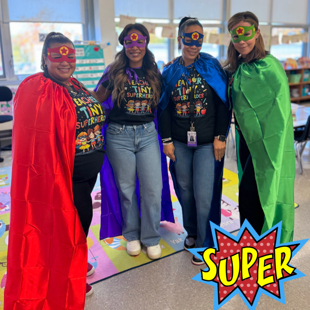 four women in four different color capes and masks with red stars. "SUPER"