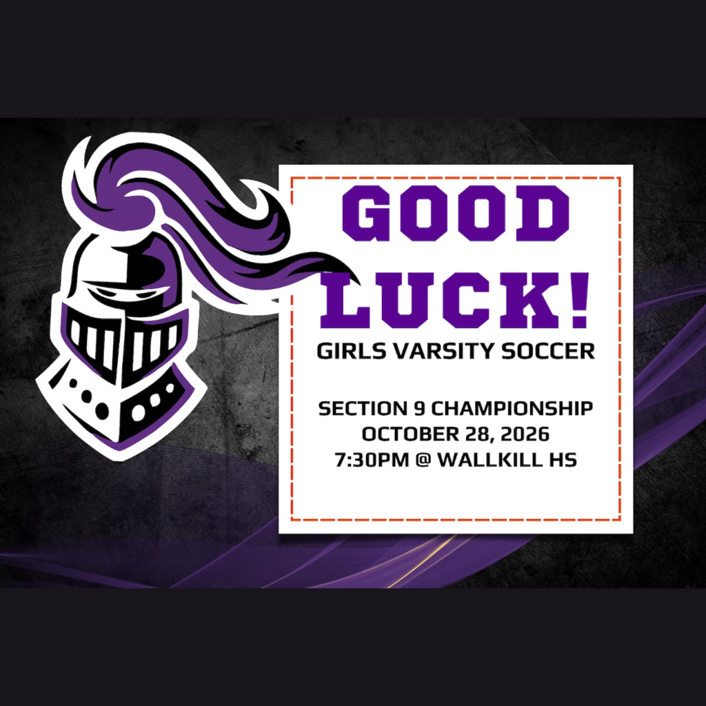 Purple helmet logo with white text "GOOD LUCK!" on black background. Purple and white text reads "GIRLS VARSITY SOCCER".