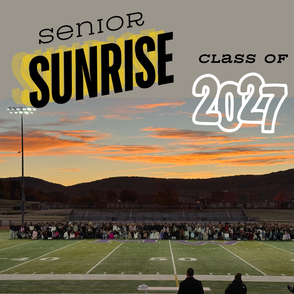 Sunset view over a football field with crowd gathered, large text reads "Senior Sunrise Class of 2027."