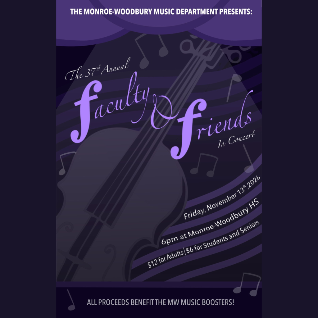 Purple and gray poster with text and violin graphic. Event details below include date, time, and location.