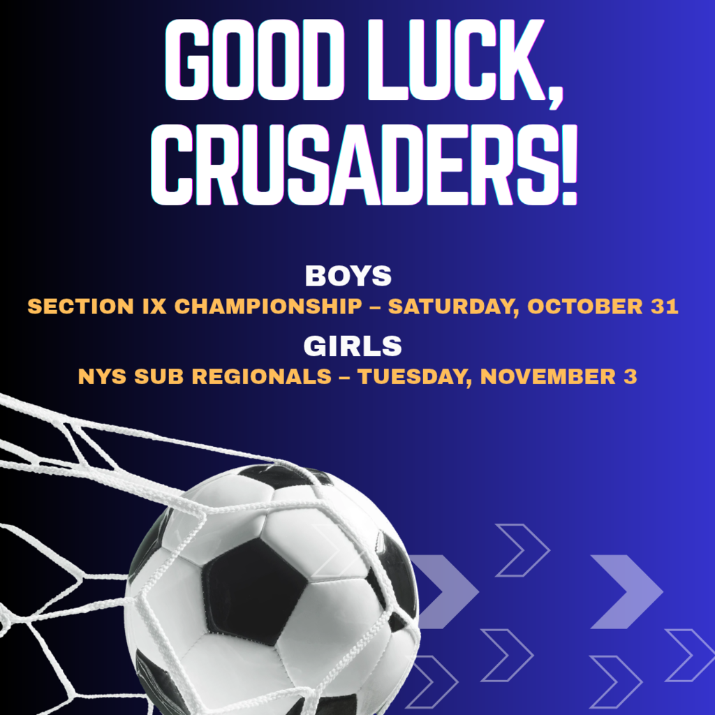Blue background with white text. A soccer ball is in the net. Arrow icons on the right.