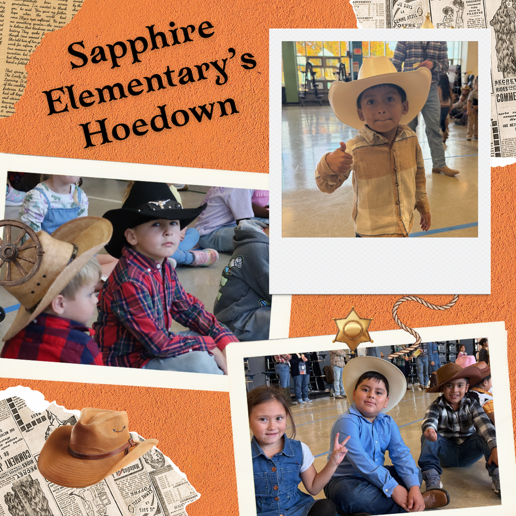 Collage of young students dressed in cowboy hats and attire, some sitting and standing with smiles