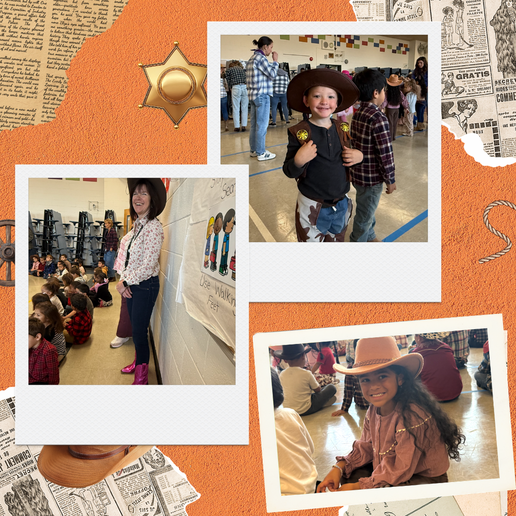Four photos of people in a hallway. First, a woman in pink stands near a white wall. Second, kids in costumes walk. Third, a girl in a hat sits. Fourth, a girl in a hat smiles.