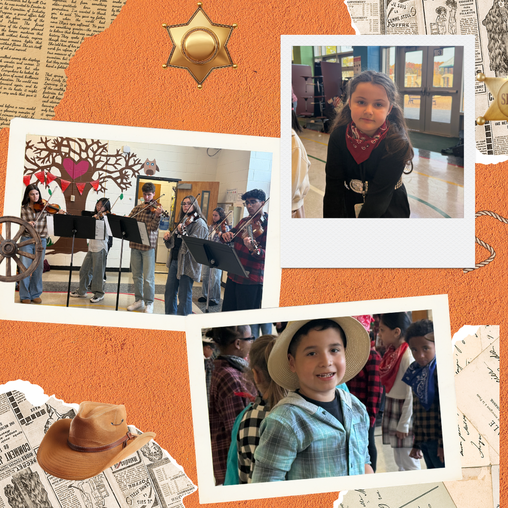 Four photos show students playing instruments. One is of a girl in a scarf. Another is of a boy in a cowboy hat.