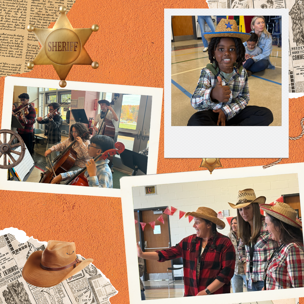 Three photos on an orange background. A person playing cello, a person with a cowboy hat, and two adults with cowboy hats.
