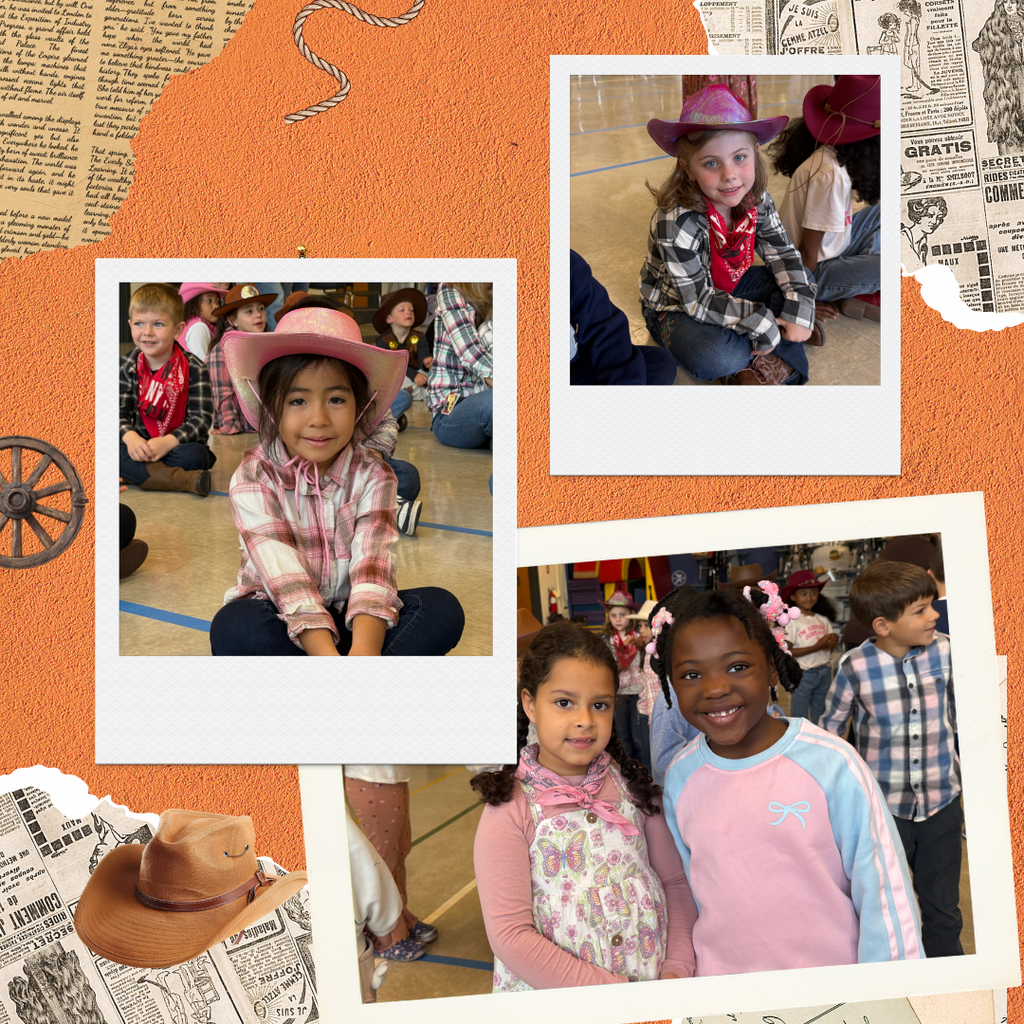 Collage of three photos of children in hats and scarves. Background includes newspaper cutouts and a wagon wheel.