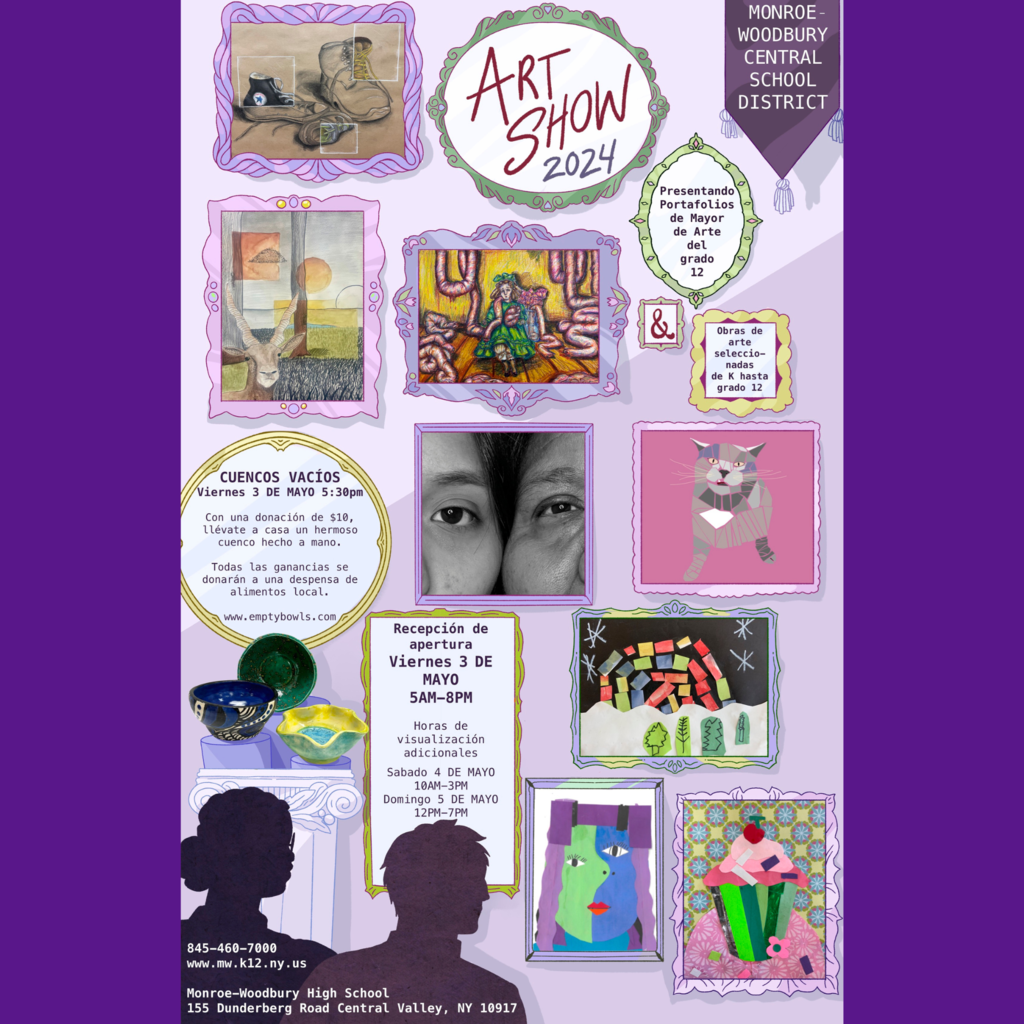 art show poster with samples of student artwork and details about art show