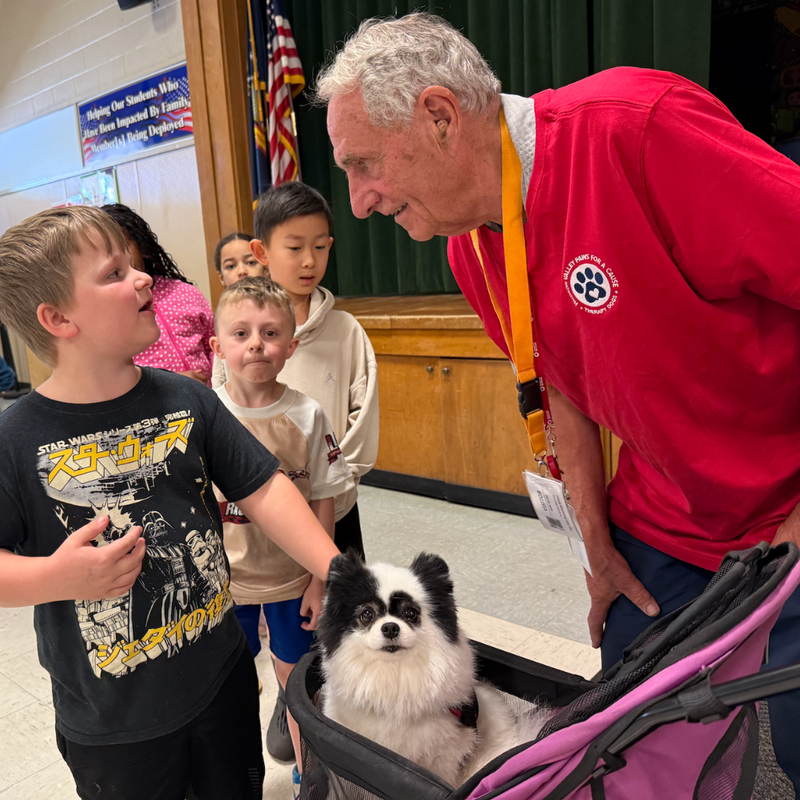 student and man petting dog