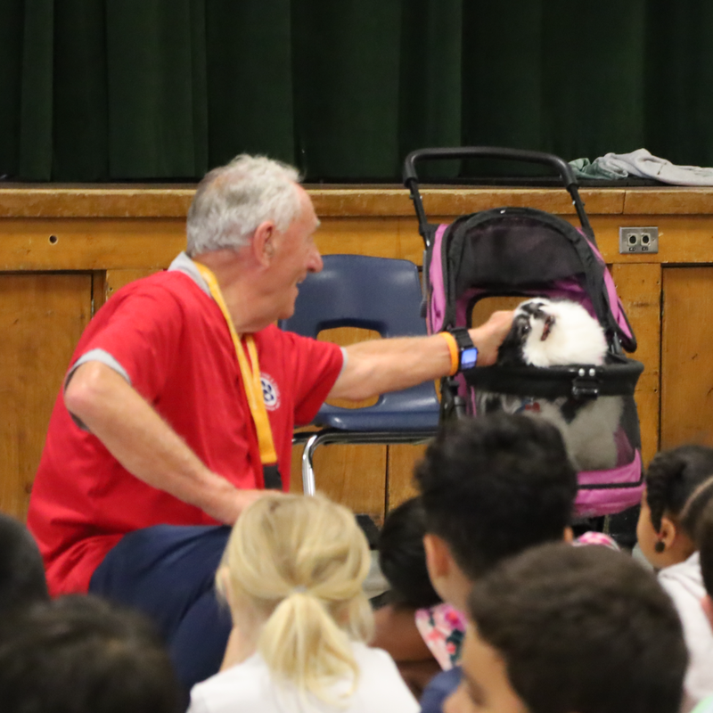 man with red shirt petting a dog