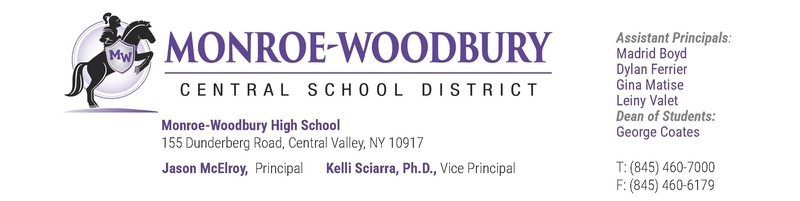 image with text: Monroe-Woodbury Central School District High School Letterhead. Check the about us section of the HS page for important phone numbers and addresses