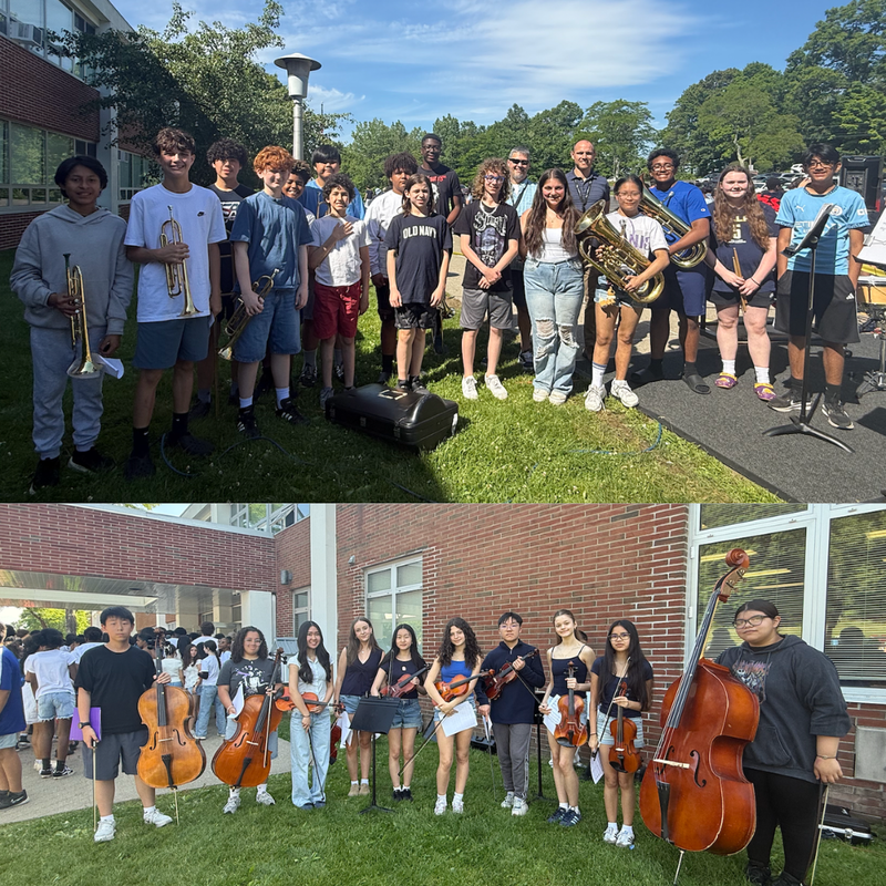 two photos of musicians holding instruments