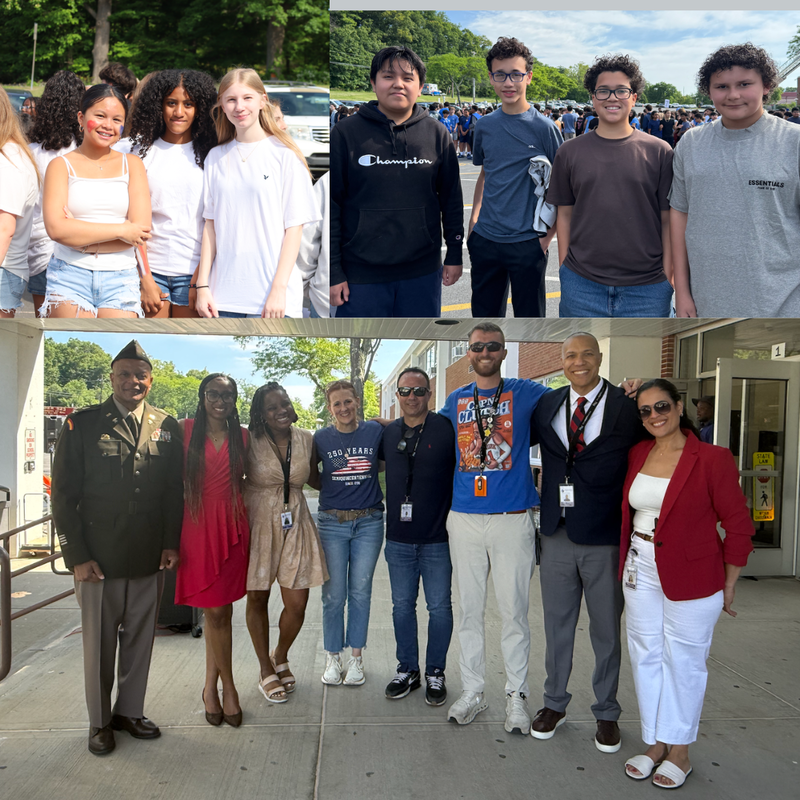 three photos of people wearing red, white and blue