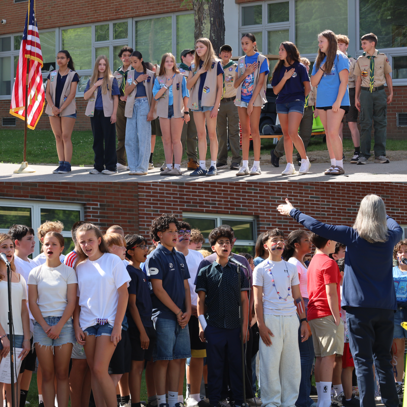 two photos of students singing and holding American flag