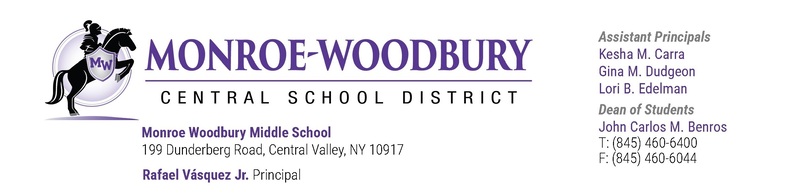 Monroe-Woodbury Central School District's Middle School Letterhead Telephone: 845-460-6400. Fax: 845-460-6044. Location: Monroe-Woodbury Middle School: 199 Dunderberg Road, Central Valley, NY 10917