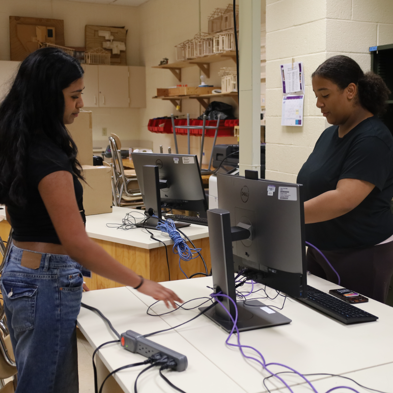 two students standing next to a white desk with computers