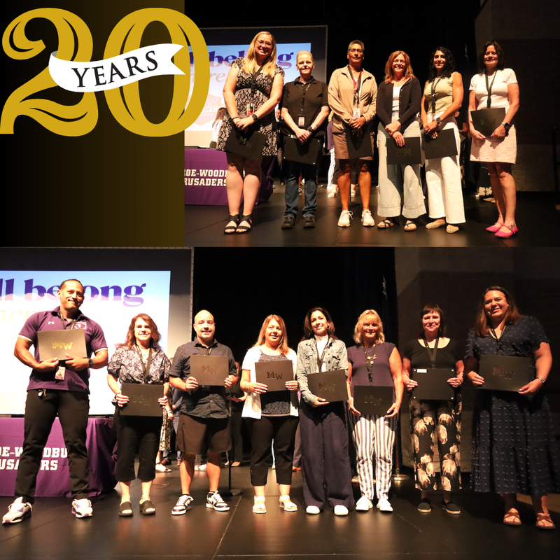 two photos of people on stage, 20 years