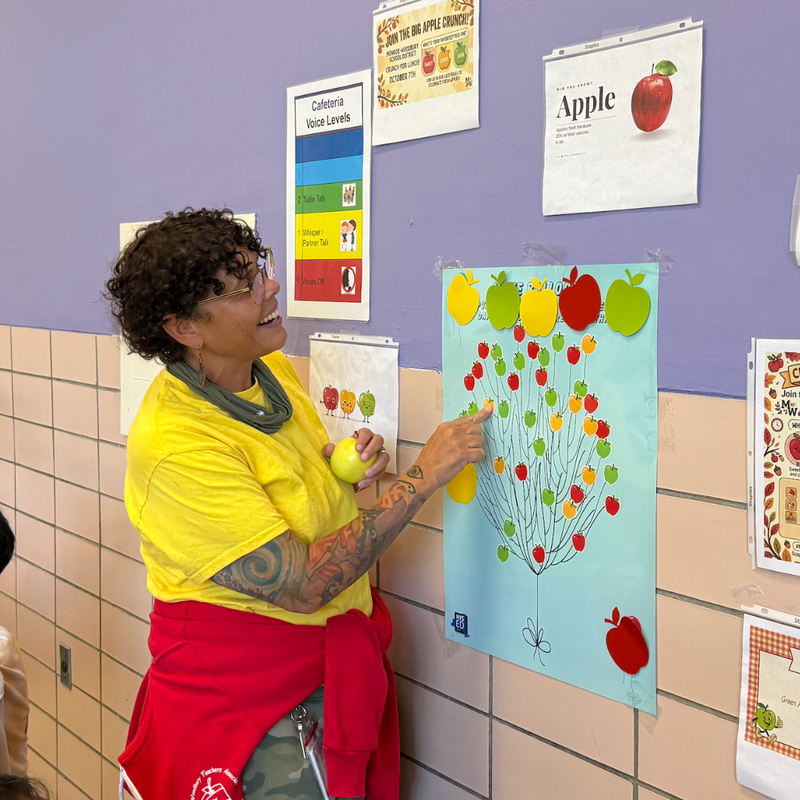 one woman wearing a yellow shirt and red sweatshirt holding a yellow apple