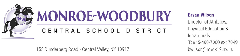 Monroe-woodbury Central School District, a black horse with a purple shield with MW
