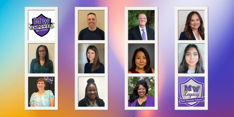 Photos of the board members and two district logos on purple, yellow and blue background