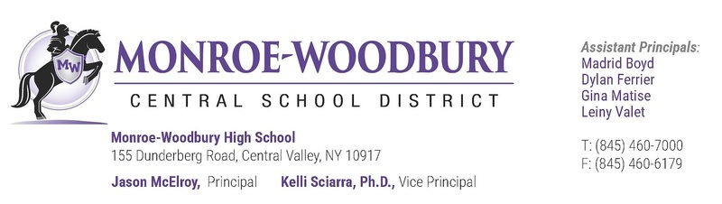 Black horse with purple MW letters, Monroe-Woodbury Central School District