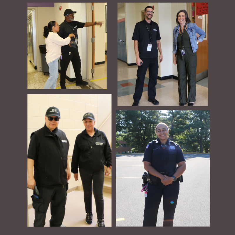 four photos of officers dressed in black uniforms with woman with white shirt 