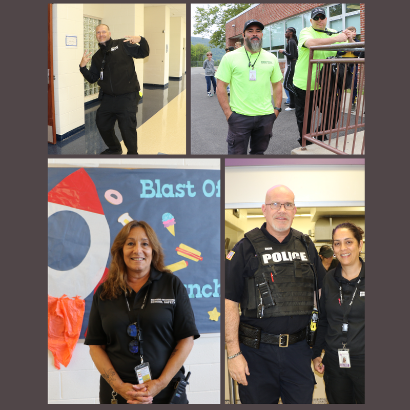 four photos of school safety officers dressed in green and black shirts