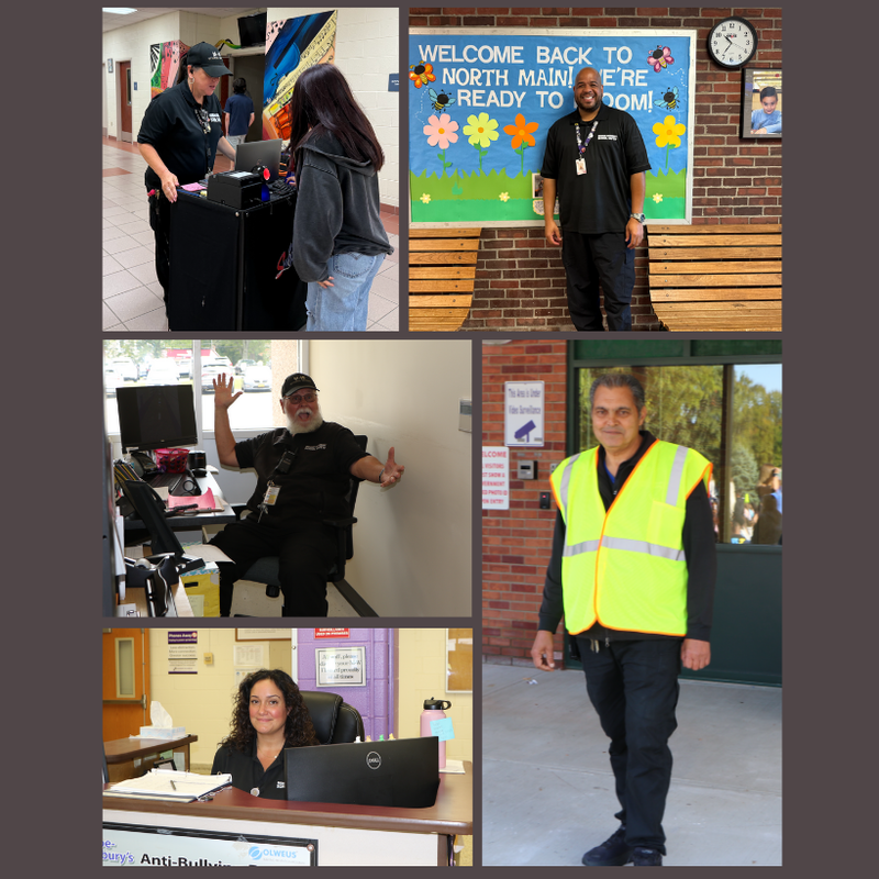 five photos of safety officers dressed in black and green vests