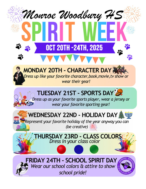 spirit week details broken down by day