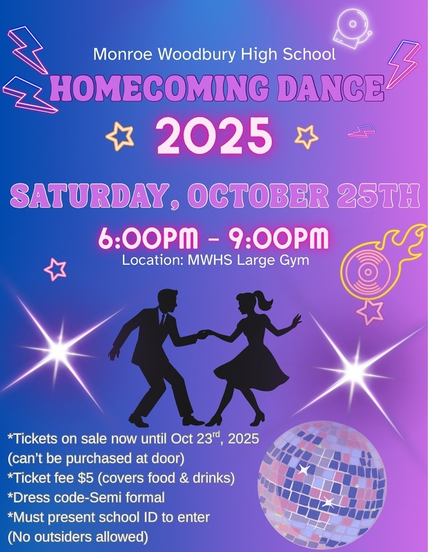the homecoming dance will be held on Saturday, October 25 from 6 p.m. - 9 p.m. Tickets on sale until October 23. More information on website.