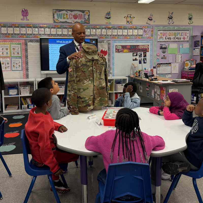 man standing next to army fatigues