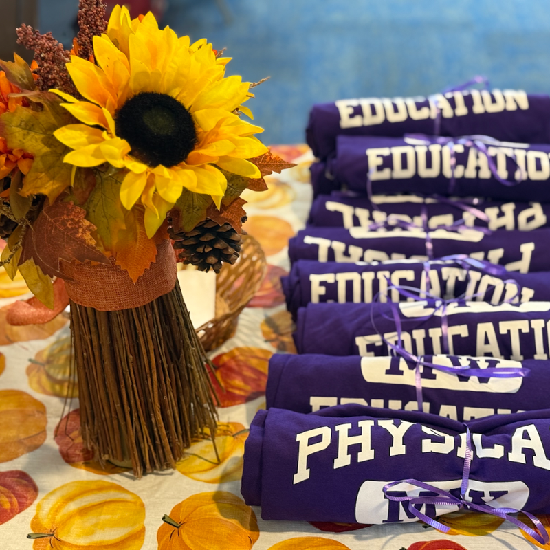 sunflowers and purple shirts
