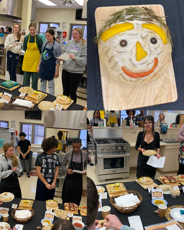 four photos of bread and students 