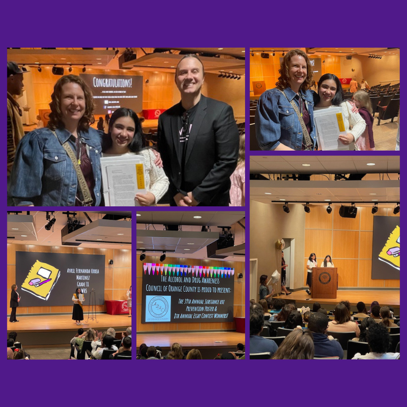 student with her teacher and principal holding her award certificate; student on stage