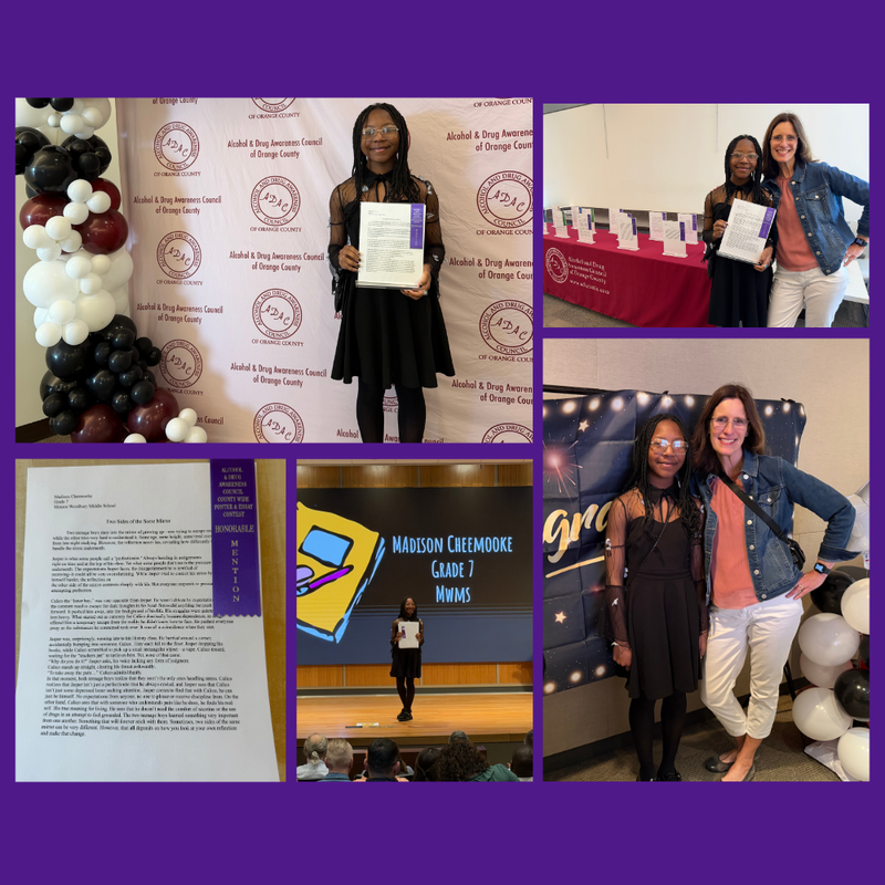 student with her award certificate, student on stage, student with teacher 