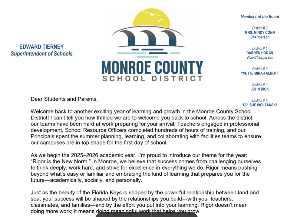 Welcome back letter from superintndent