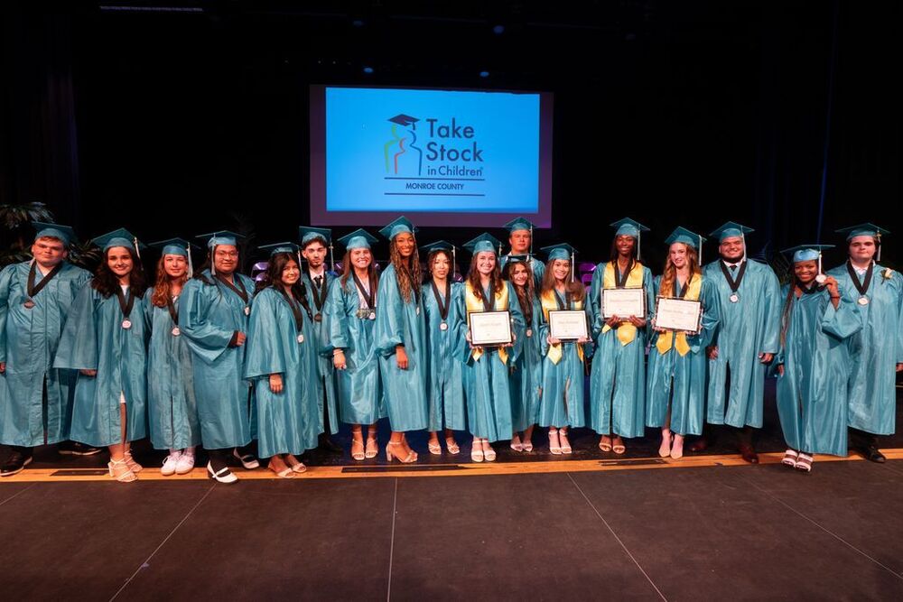 take stock graduates in caps and gowns