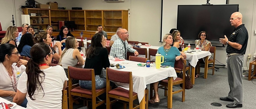 Superintendent Tierney addressing the staff group