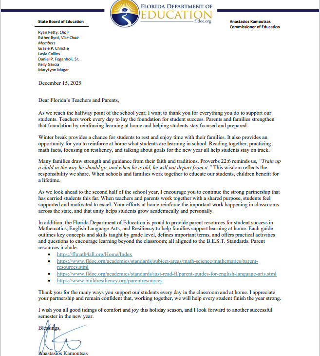 Midyear Letter - Parents & Teachers from FLDOE