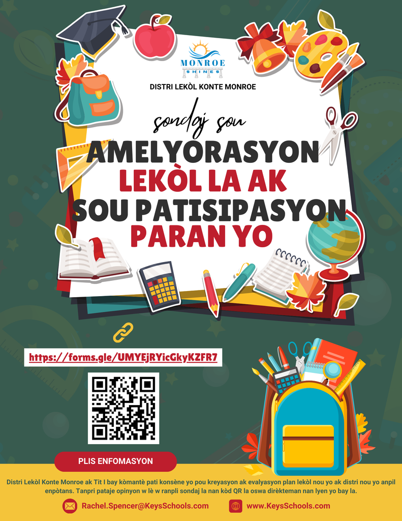 School Improvement and Parent Engagement survey flyer with QR code - Creole