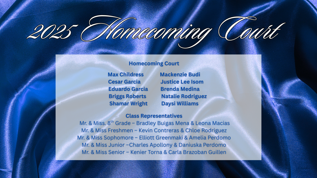 blue satin curtain with Homecoming Court representatives listed on it