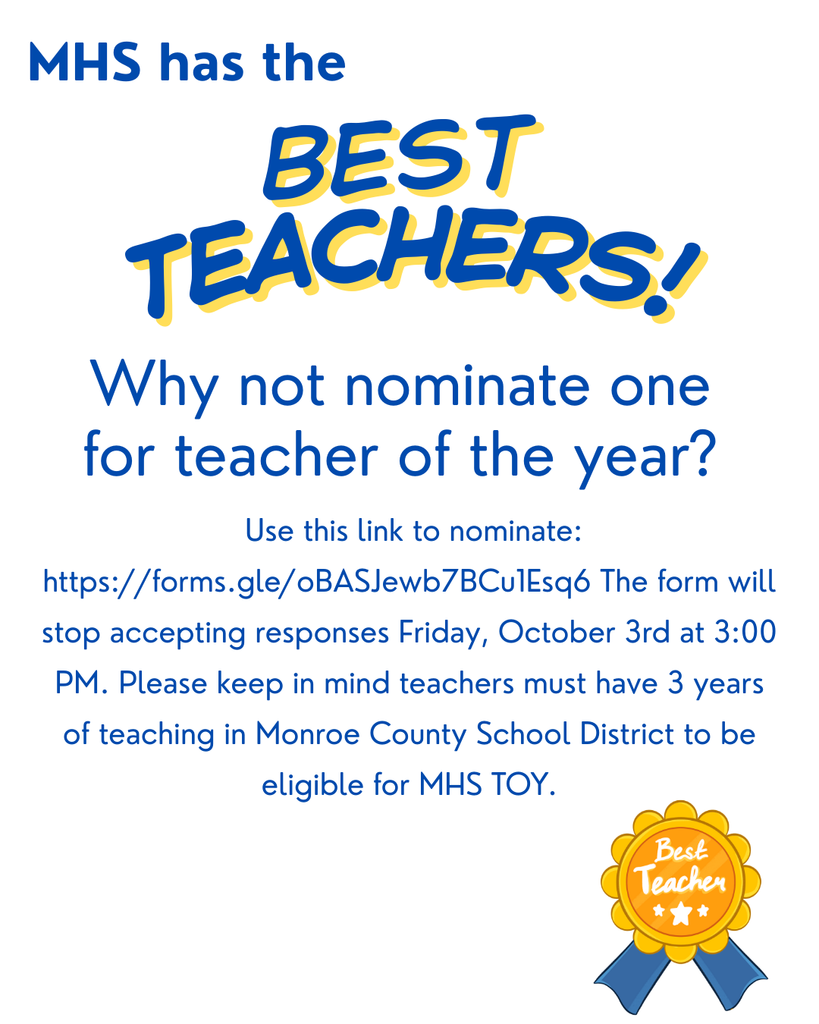 Link to nominate a MHS teacher for teacher of the year with a blue  ribbon  decoration