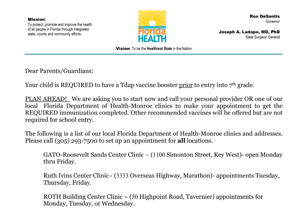 Letter about TDAP vaccination