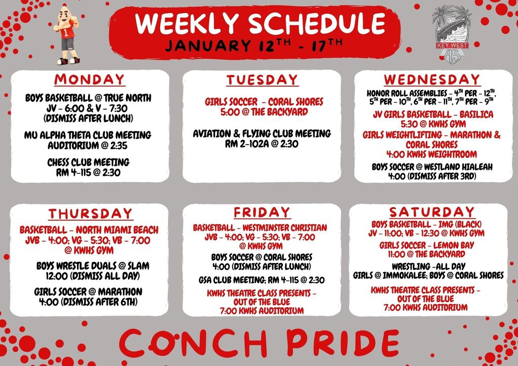 Weekly schedule for 1/12/26-1/17/26