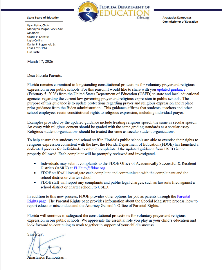 letter from DOE about Prayer