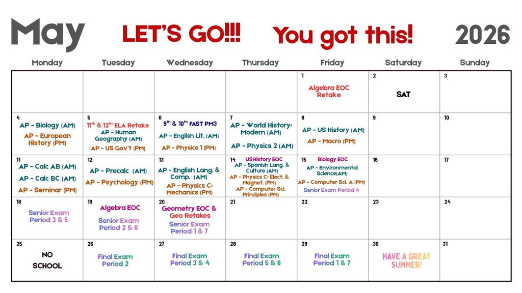 May Testing Calendar KWHS