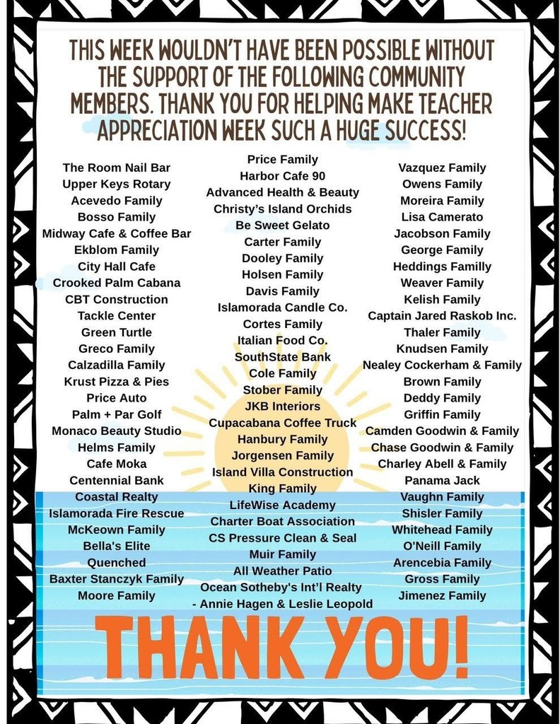 flyer thanking all sponsors of Teacher Appreciation Week 
