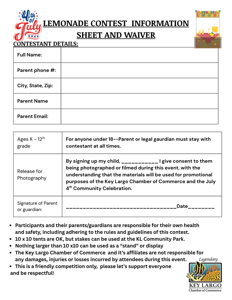 Lemonade stand contest Info. Sheet and waiver